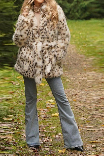 Maxi Abrigo de Piel de Oveja con Cinturón con Estampado de Leopardo